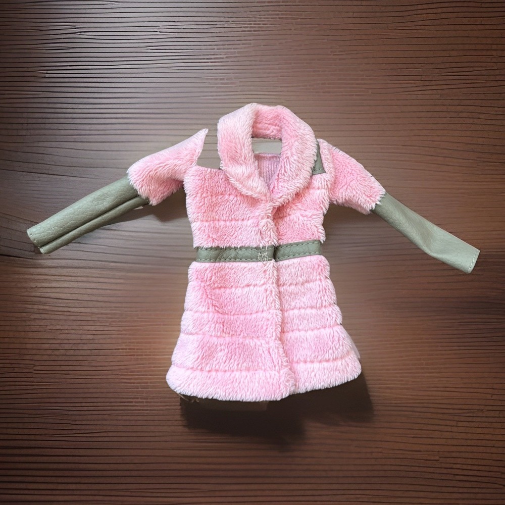 Barbie Doll Pink Faux Fur Coat w/Grey Faux Leather‎ Trim